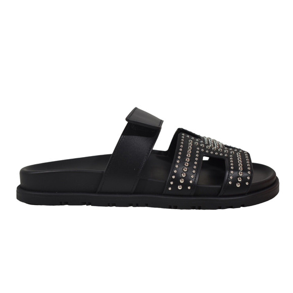 Hermes Chypre Sandal Black Silver Studded Stud H Logo Slide Slip On Flat 37.5 - Picture 2 of 12